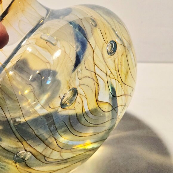 Dabanian Karnig Handblown Art Glass bowl Iridescent Gold & Blue Swirl Design w/T - Picture 6 of 9